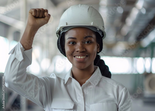 Aspiring Industrial Leader: Confident Black Female Engineer with Uplifted Fist Celebrating in a Factory Setting