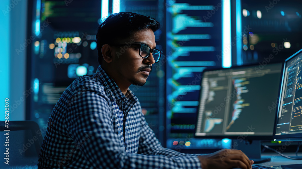 Focused male programmer working in a dark office environment, typing intently on a keyboard while multiple monitors display lines of code