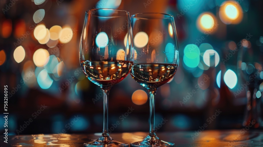 Two glasses of wine on a table, perfect for restaurant menus or romantic dinner concepts Two glasses of wine on a table, perfect for restaurant menus or romantic dinner concepts