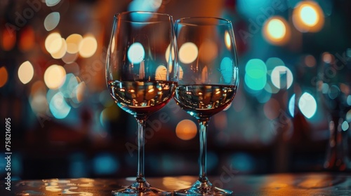 Two glasses of wine on a table, perfect for restaurant menus or romantic dinner concepts