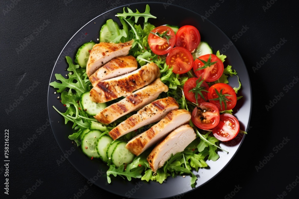 Fresh salad with sliced chicken on black plate, perfect for healthy eating concept Fresh salad with sliced chicken on black plate, perfect for healthy eating concept