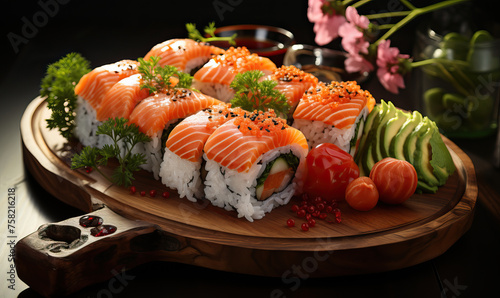 Sushi on a wooden tray close-up.