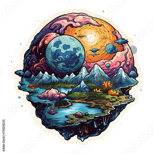 Psychedelic t-shirt design sticker, Planet With Mountains and Lake, detailed illustration