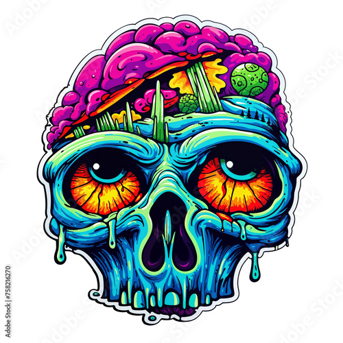 Psychedelic t-shirt design sticker character, Colorful Brain on Skull, detailed illustration