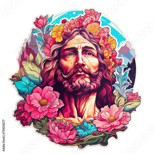 Psychedelic t-shirt design sticker character, Jesus Surrounded by Flowers, detailed illustration