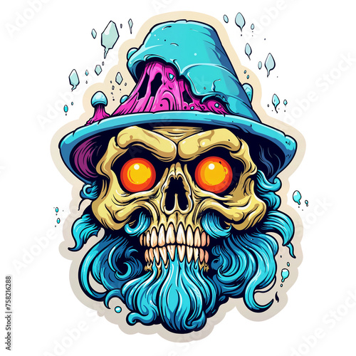 Psychedelic t-shirt design sticker character, Wizzard-Skull With Hat and Beard, detailed illustration