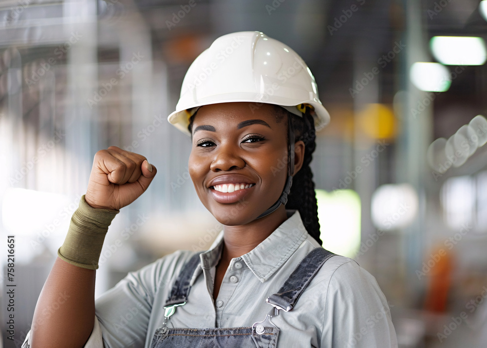 Radiant Confidence: Empowered Black Female Engineer with a Fist Pump Gesture in an Industrial Setting Radiant Confidence: Empowered Black Female Engineer with a Fist Pump Gesture in an Industrial Setting