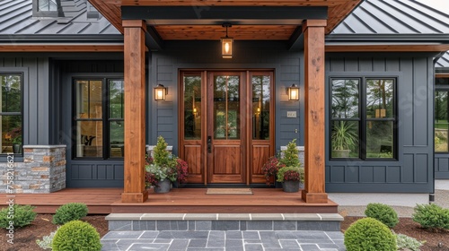 Entrance door to a modern farmhouse. Exterior of a home with gray vertical wood siding and a brown front door. Columns and sconces on both sides of the door.