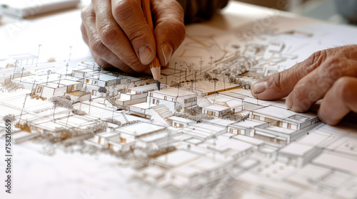 An expert drawing a detailed urban plan showing buildings, streets, and landscapes with a focus on sustainable city development