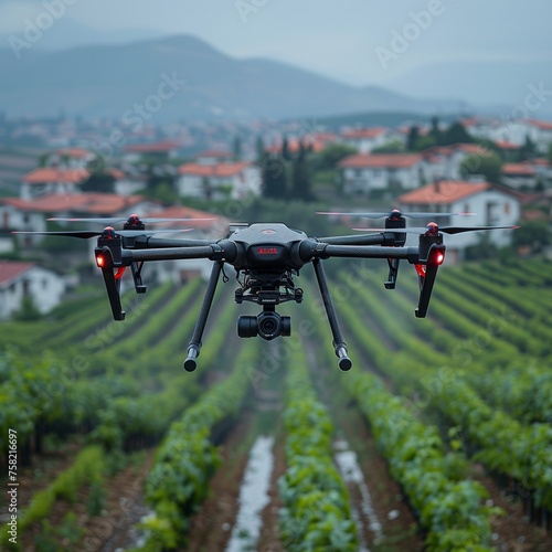 Large Remote Controlled Drone Flying Over Lush Green Field photo