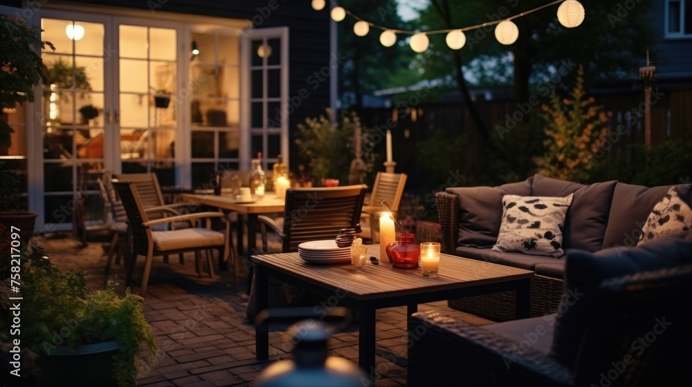A patio with a table, chairs, and candles. Ideal for outdoor dining scenes