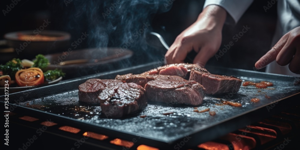A person grilling a steak. Perfect for food and cooking concepts A person grilling a steak. Perfect for food and cooking concepts