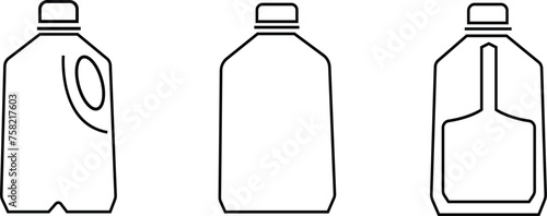 Set of plastic milk jug pictograms in different angles. Back, front, side view. Vector illustration isolated on white. Logo, icon, symbol