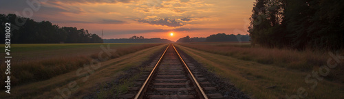 An idyllic sunset gently falls over the open field, with railway tracks extending towards the horizon beneath a tranquil sky