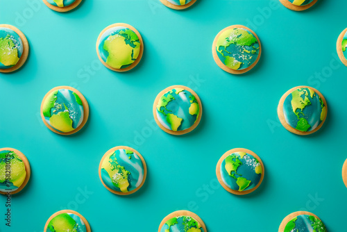 Cookies with a pattern of the globe on a blue background. Earth Day.
