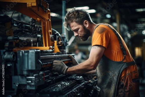 A man working on a machine in a factory. Suitable for industrial concepts