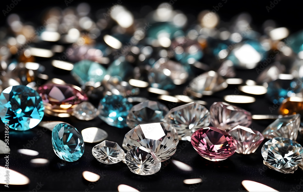 A close-up of numerous precious stones, such as diamonds or zirconia, filling the frame against a black background A close-up of numerous precious stones, such as diamonds or zirconia, filling the frame against a black background
