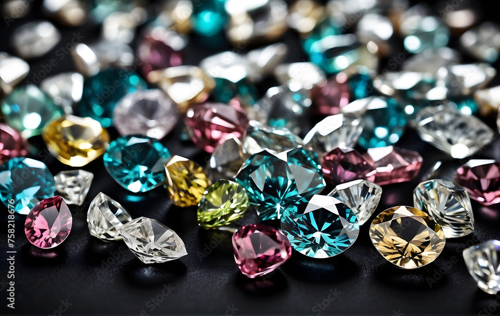 A close-up of numerous precious stones, such as diamonds or zirconia, filling the frame against a black background A close-up of numerous precious stones, such as diamonds or zirconia, filling the frame against a black background