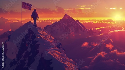 image of a hiker man embarking on a journey towards the mountain top, where a flag is planted.