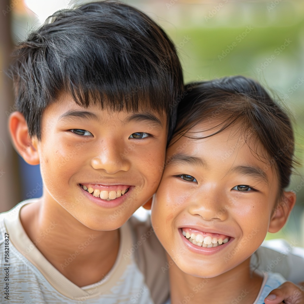 Two smiling children with a close bond pose for a cheerful photo Two smiling children with a close bond pose for a cheerful photo