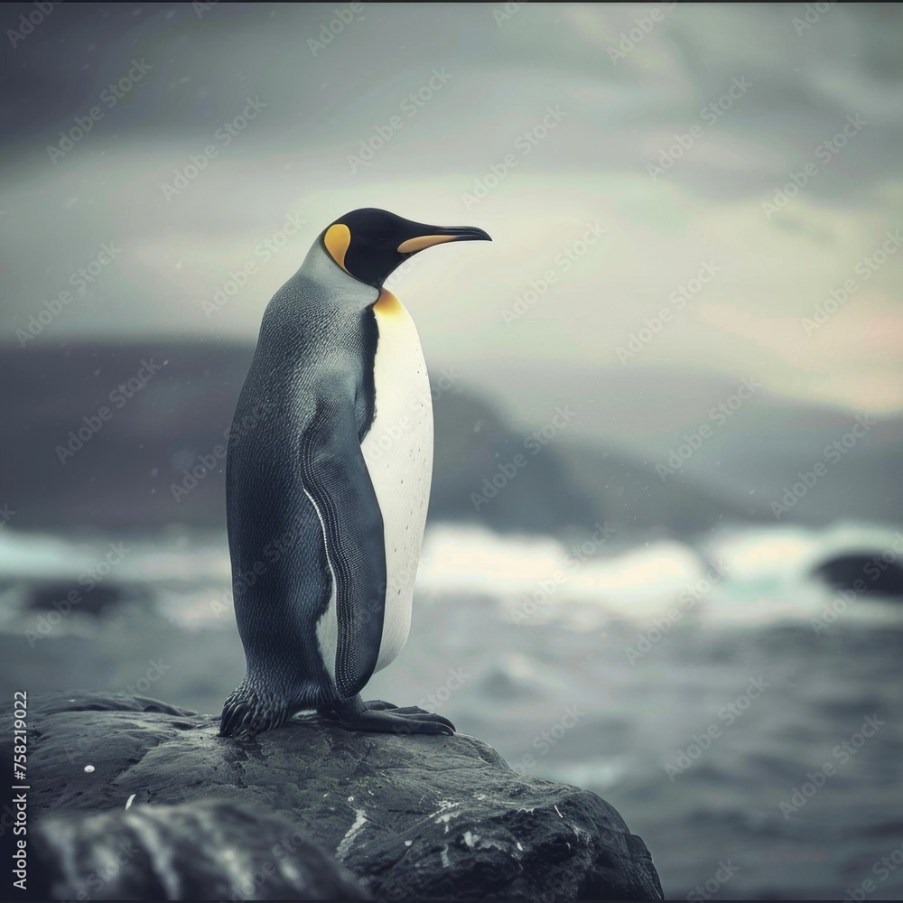 Fototapeta premium Penguin Standing on Rock by Ocean