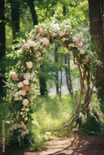 A beautiful wedding arch adorned with colorful flowers and lush greenery. Perfect for wedding or event decorations