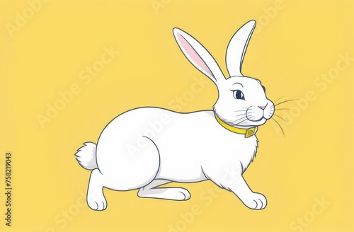 White fluffy Easter bunny on pastel yellow background.