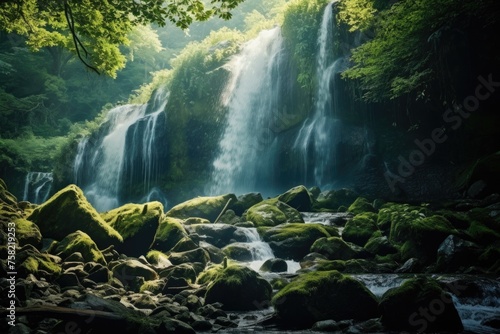 A beautiful waterfall surrounded by lush green trees. Perfect for nature backgrounds