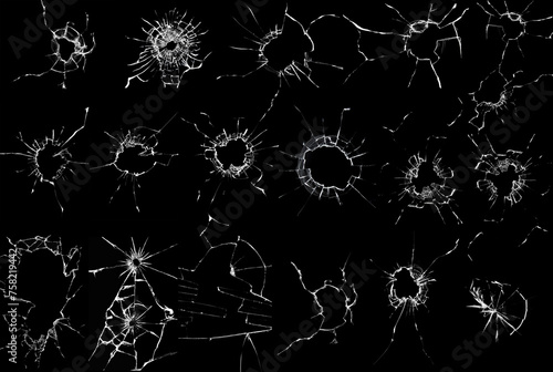A collection of cracked glass textures. Set of photos of broken glass for design. photo