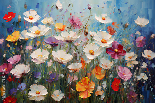 Many beautiful different spring flowers. Oil painting in impressionism style.