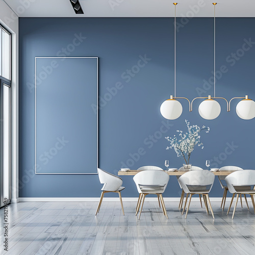 Modern interior design of apartment, empty living room with blank blue wall, dining room with table and chairs, interior background, 3d rendering