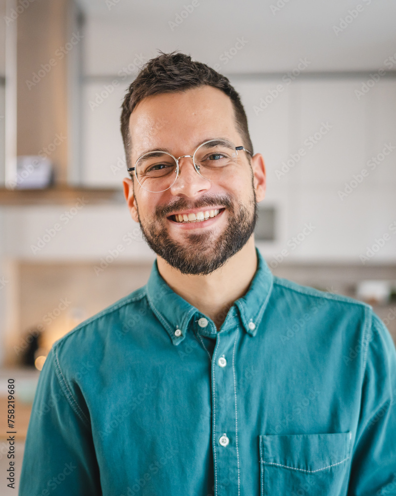 portrait of One adult man with eyeglasses stand at home happy smile portrait of One adult man with eyeglasses stand at home happy smile