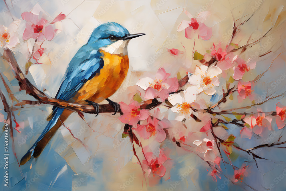 Bird sit on the branches of blooming spring trees. Oil painting in impressionism style.