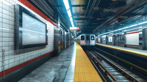 A subway train pulling into a station next to a platform. Ideal for transportation concepts