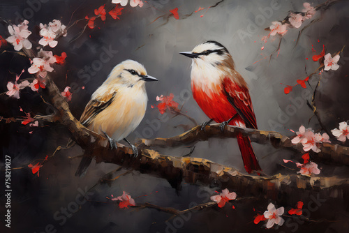 Birds sit on the branches of blooming spring trees. Oil painting in impressionism style. © Osadchyi_I
