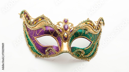 Create a dazzling image featuring a gold, purple, and green glittery Mardi Gras mask on a pristine white background 