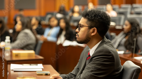 Shot of a serious and focused male participant wearing a suit in a courtroom environment listening actively