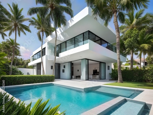 Exterior of amazing modern minimalist cubic villa with large swimming pool among palm trees © Rexon Stock