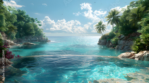Tranquil blue sea surrounded by a sunlit tropical beach with palm trees and rocky outcrops under a clear sky