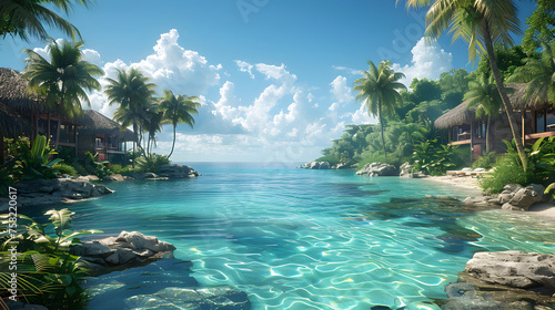 An inviting tropical landscape with overwater huts, vibrant foliage, and crystal clear blue waters reflecting the sunny sky