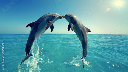 Two graceful dolphins forming heart shape in crystal clear ocean waters under tropical sunlight