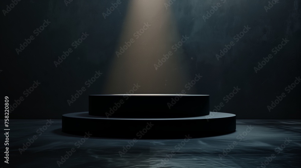 Dark background with a soft spotligth en the center, a minimalist podium in the center, front side view. Generated by artificial intelligence.