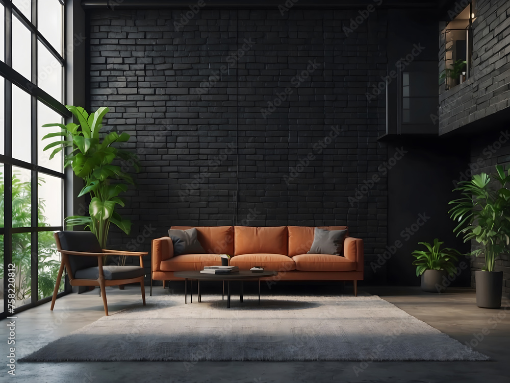 Minimalist design is empty modern offices or homes design. Thought design idea with a black brick wall design, plant 3D rendering