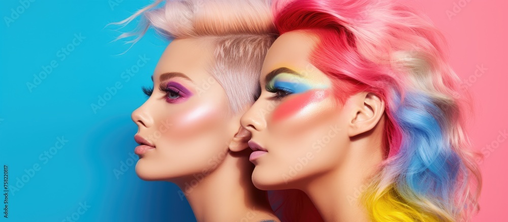 Vibrant Duo: Two Women Flaunting Colorful Hair and Artistic Makeup in a Bold Fashion Portrait Vibrant Duo: Two Women Flaunting Colorful Hair and Artistic Makeup in a Bold Fashion Portrait