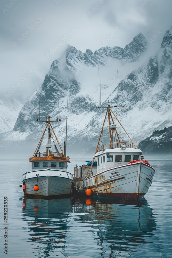 Fischerboote auf ruhiger See, Berge - obrazy, fototapety, plakaty 