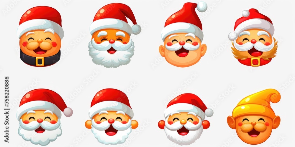 Various expressions of cartoon Santa faces, suitable for holiday designs