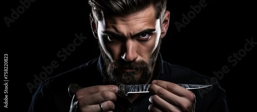 Intense Bearded Man Holding Knife Ready for Action in Dark Setting