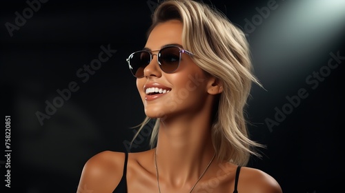 Portrait of a fashionable woman posing in sunglasses.