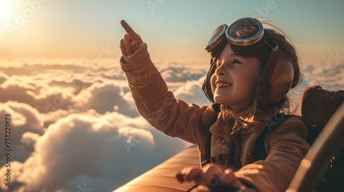 The side view of the picture that has the child flying into the bright sky with the aviator costume and the pair of goggles under the bright light of the bright sun with the happy smile face. AIGX03. photo