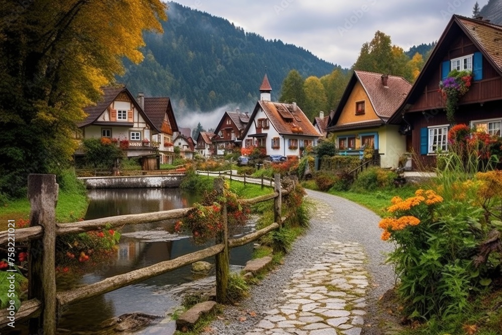 A quaint village with a picturesque river running through it. Ideal for travel brochures or nature-themed designs A quaint village with a picturesque river running through it. Ideal for travel brochures or nature-themed designs
